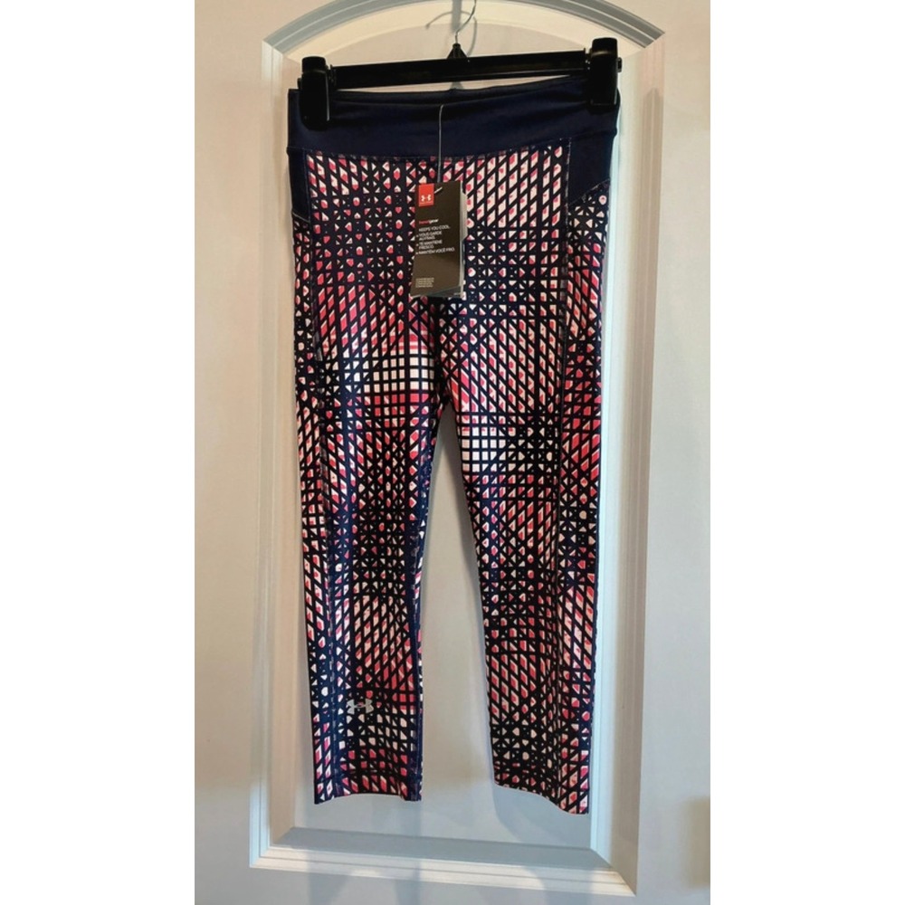 Under Armour Leggings Womens XS Navy Pink NWT HeatGear Geometric Crop 1297906